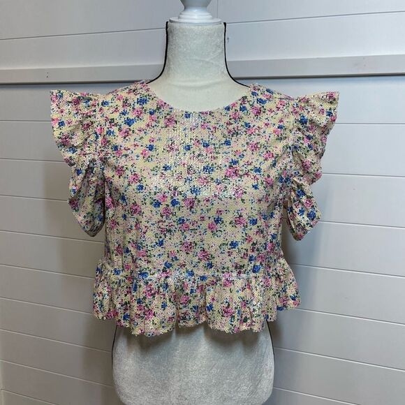 Zara Floral Sequin Ruffle Sleeve Crop Top Size Small - Picture 2 of 12